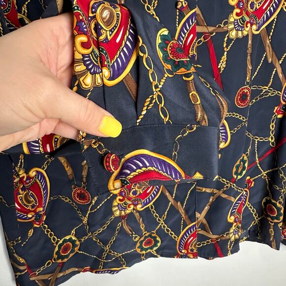 Talbot's Women's Vintage Abstract Print Navy Silk Button Front Blouse Size 4 - Picture 4 of 6
